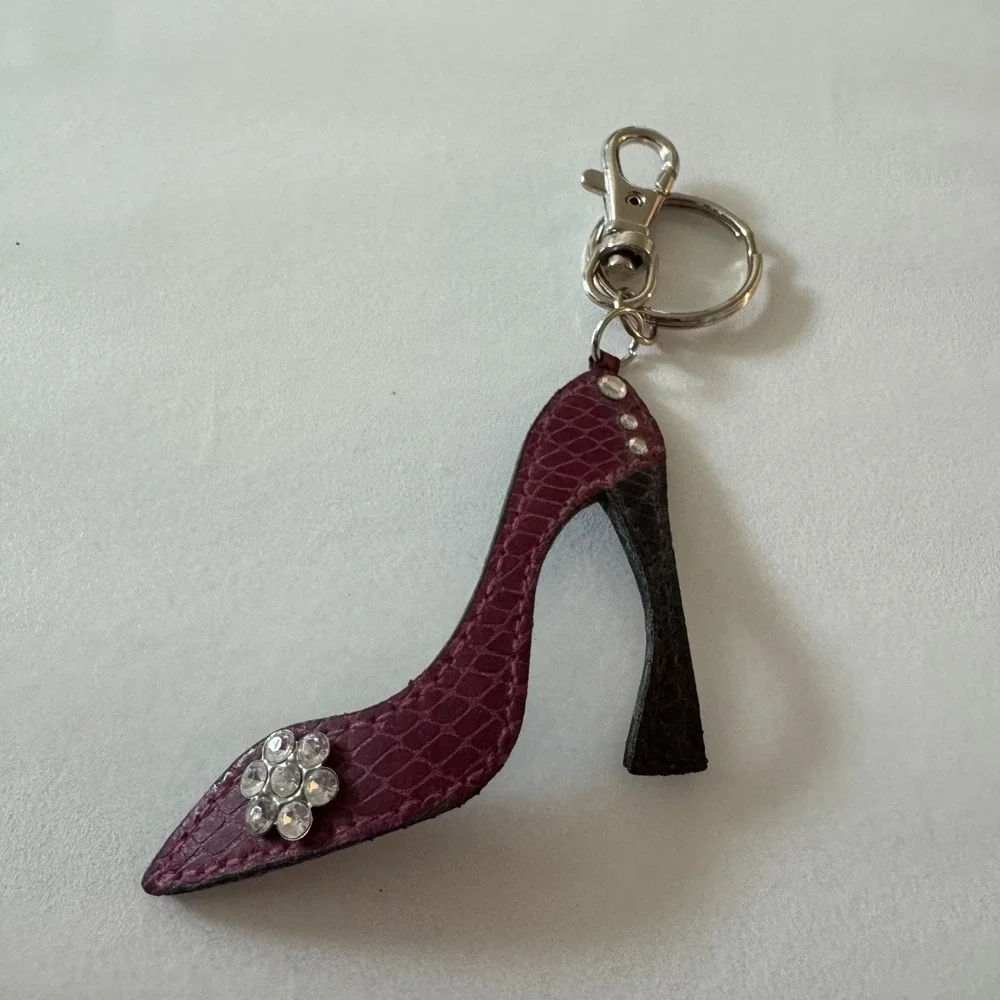 Shoe Shape Faux Leather Keychain Key Ring Purse Bag Charm Purple with Rhinestone